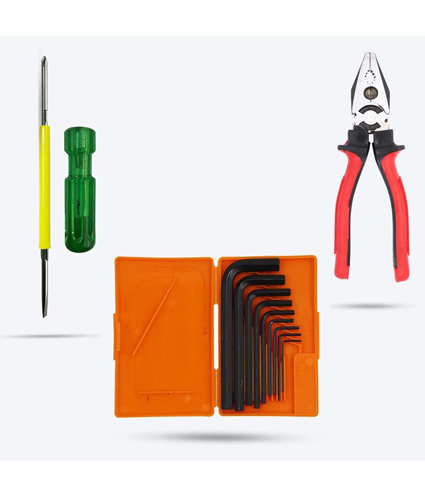     			Aldeco Hand Tool Kit- Heavy Duty Plier (Pilash), 9Pcs Allen Key Set & 2in1 Screw Driver. Combination Hand Tools for Domestic & Industrial Purpose.