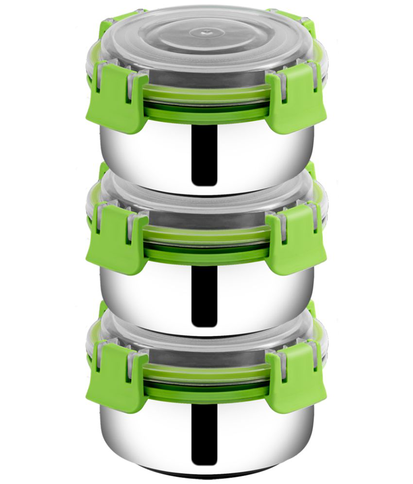     			BOWLMAN Smart Clip Lock Premium Steel Green Food Container ( Set of 3 - 350mL each )