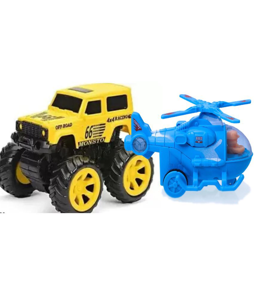 Helicopter blue & Mini Monster Trucks Friction Powered Cars for Kids Big Tires Baby Boys Super Cars Truck Children Gift Toys Mini Rock Crawler