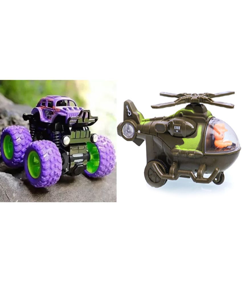 Helicopter brown & Monster truck toys car for kids 4 wheel Friction push to go speed