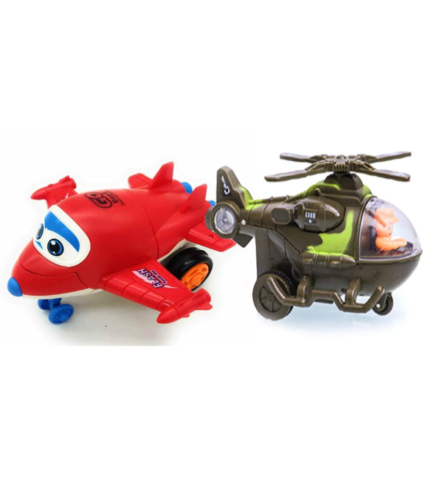 Helicopter brown & Unbreakable Friction Mini Racing Plane to Robot red