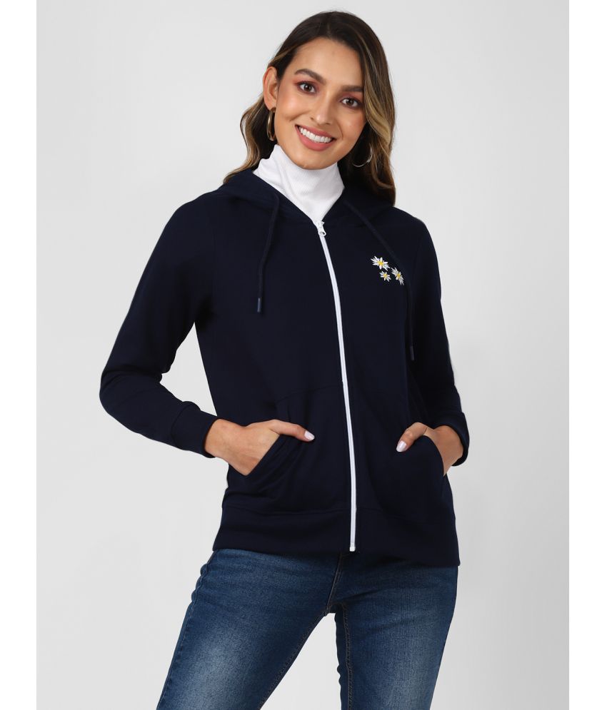 UrbanMark Women Solid Front Open Zipper Hooded Sweatshirt - Navy