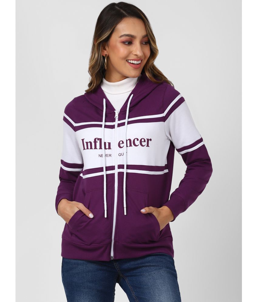 UrbanMark Women Text Printed Front Open Zipper Hooded Sweatshirt - Purple