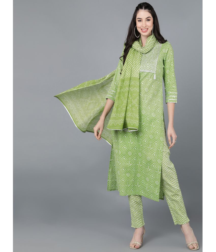     			KIPEK - Green Straight Cotton Women's Stitched Salwar Suit ( Pack of 1 )