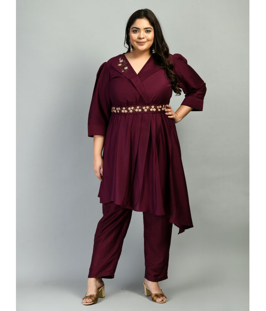     			PrettyPlus by Desinoor - Wine Asymmetrical Cotton Silk Women's Stitched Salwar Suit ( Pack of 1 )