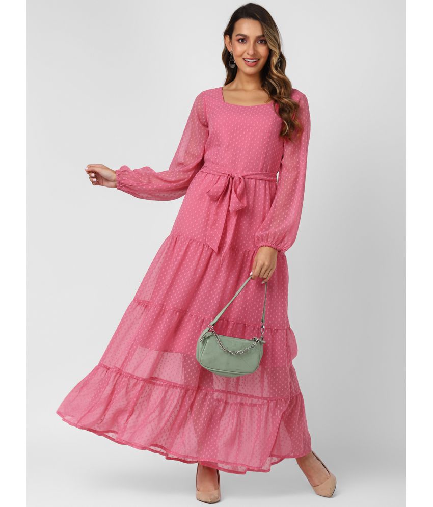 UrbanMark Women Self Design Puff Sleeves Tiered Maxi Dress - Pink