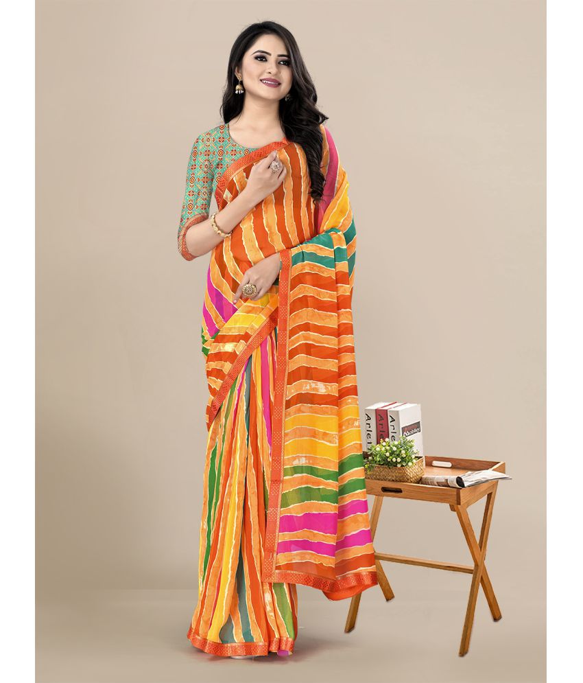     			Rekha Maniyar Georgette Striped Saree With Blouse Piece - Multicolour ( Pack of 1 )