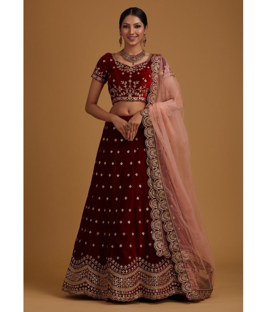     			Estela Maroon Satin Chaniya Choli Semi Stitched Lehenga