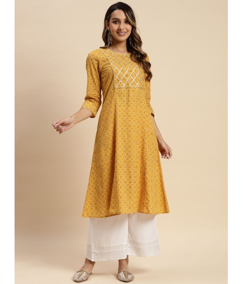     			Rangita Women 100% Cotton Yellow Gota Lace At Yoke Calf Length Kalidar Kurti