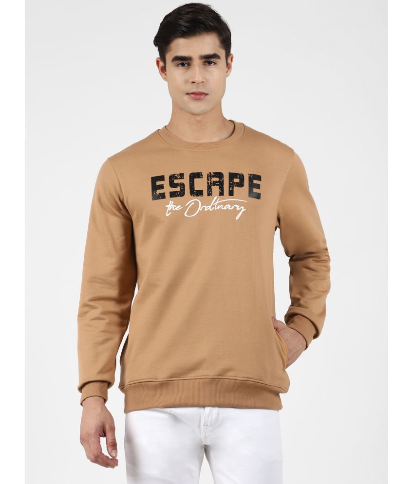     			UrbanMark Men Regular Fit Text Print Full Sleeves Round Neck Fleece Sweatshirt-Beige