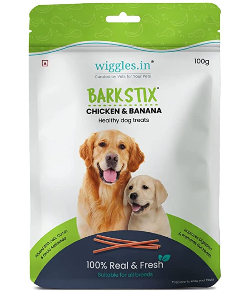     			WIGGLES Barkstix Dog Treats for Training Adult Puppies, 100g - Soft Chew Stick Hip, Supports Digestion - Oats, Probiotics & Cumin (Chicken & Banana)