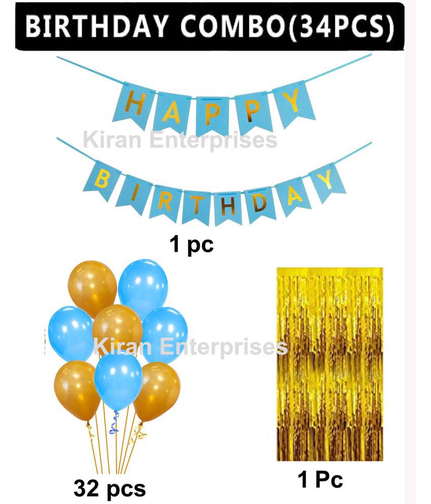     			Kiran Enterprises Happy Birthday Banner ( Blue ) + 1 Fringe Curtain ( Gold ) + 30 Metallic Balloon ( Blue, Gold )