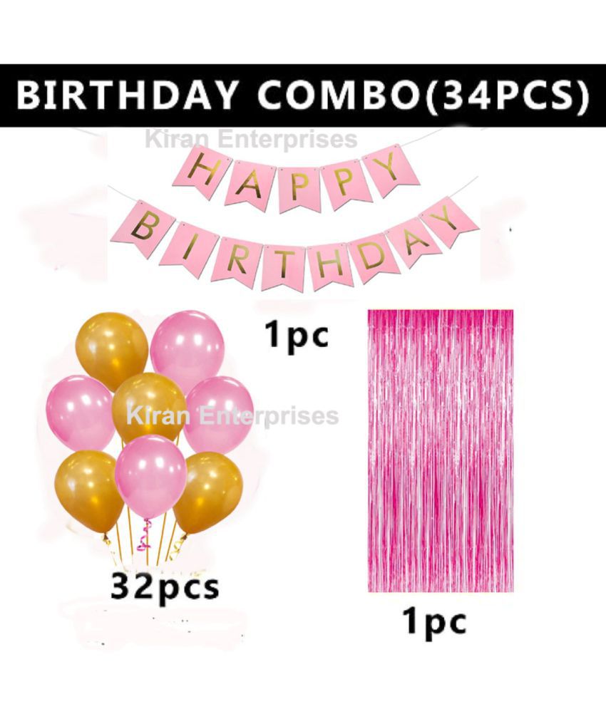     			Kiran Enterprises Happy Birthday Banner ( Pink ) + 1 Fringe Curtain ( Gold ) + 32 Metallic Balloon ( Pink, Gold )    )