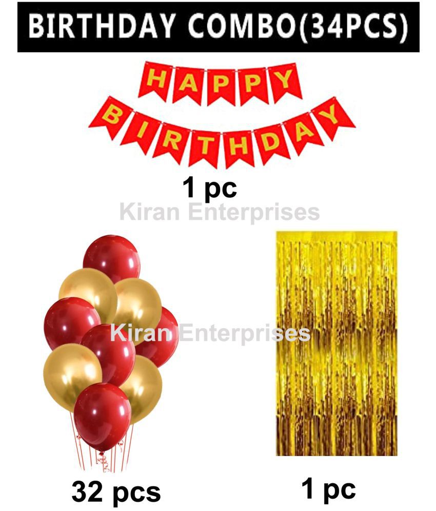     			Kiran Enterprises Happy Birthday Banner ( Red ) + 1 Fringe Curtain ( Gold ) + 30 Metallic Balloon ( Red, Gold )