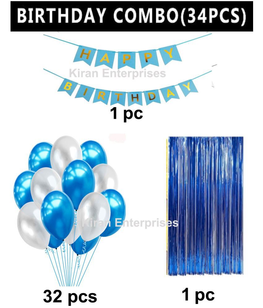     			Kiran Enterprises Happy Birthday Banner ( Blue ) + 1 Fringe Curtain ( Blue ) + 30 Metallic Balloon ( Blue, Silver )