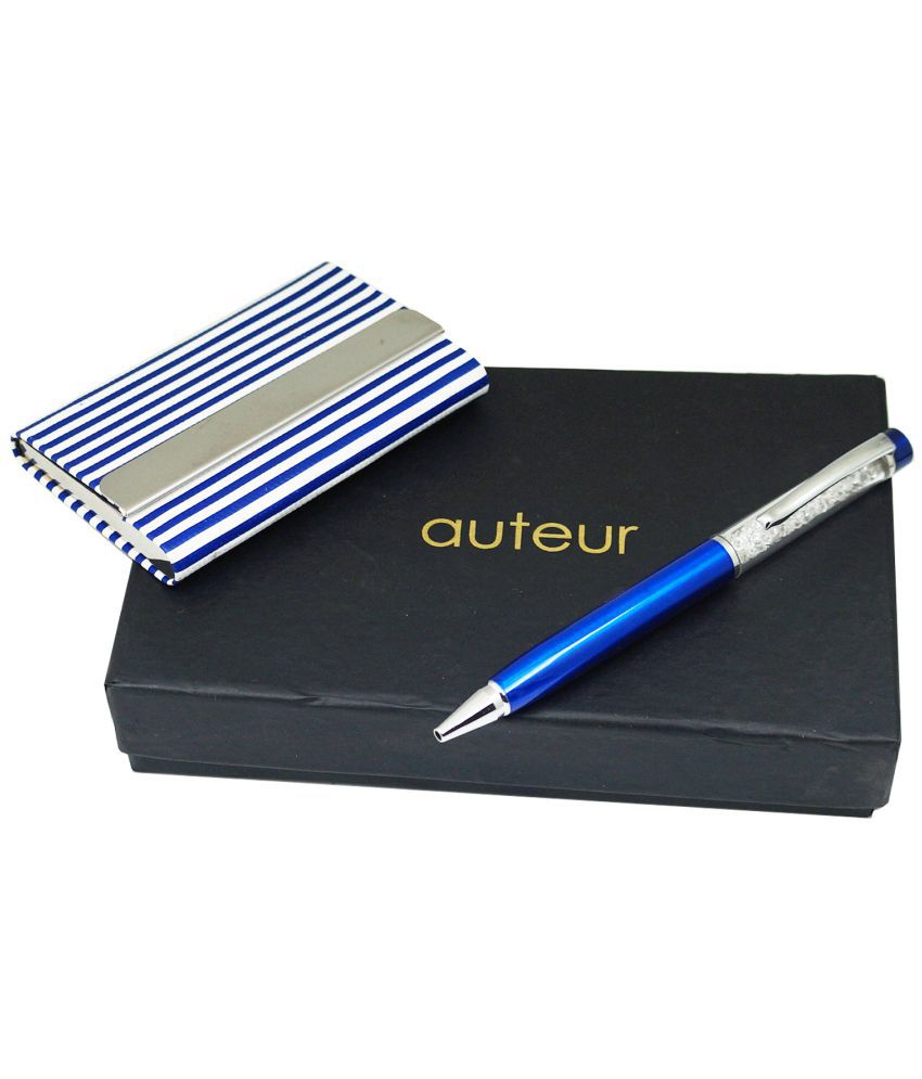     			auteur 2in1 Corporate Gift Set Crystal Diamond Blue (Blue Ink) Ball Pen With Premium RFID safe Blue & White Line Pattern Pu Leather Card Wallet Magnetic Clouser Ideal for Every Gifting Occasion| Gift For Men|Women|Boss|Friends|Birthday|Anniversary(VCH-49)
