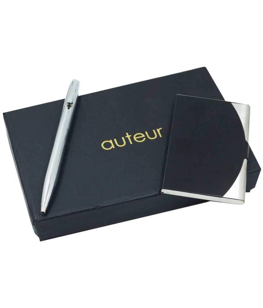     			auteur 2in1 Corporate Gift Set  Nebula Chrome Finish (Blue Ink) Ball Pen With Premium RFID safe Black Metal Card Wallet Flap Clouser Ideal for Every Gifting Occasion| Gift For Men|Women|Boss|Friends|Birthday|Anniversary(VCH-5)