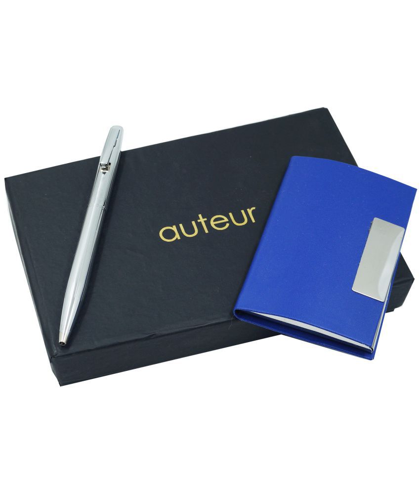     			auteur 2in1 Corporate Gift Set  Nebula Chrome Finish (Blue Ink) Ball Pen With Premium RFID safe Blue Pu Leather Card Wallet Magnetic Clouser Ideal for Every Gifting Occasion| Gift For Men|Women|Boss|Friends|Birthday|Anniversary(VCH-54)