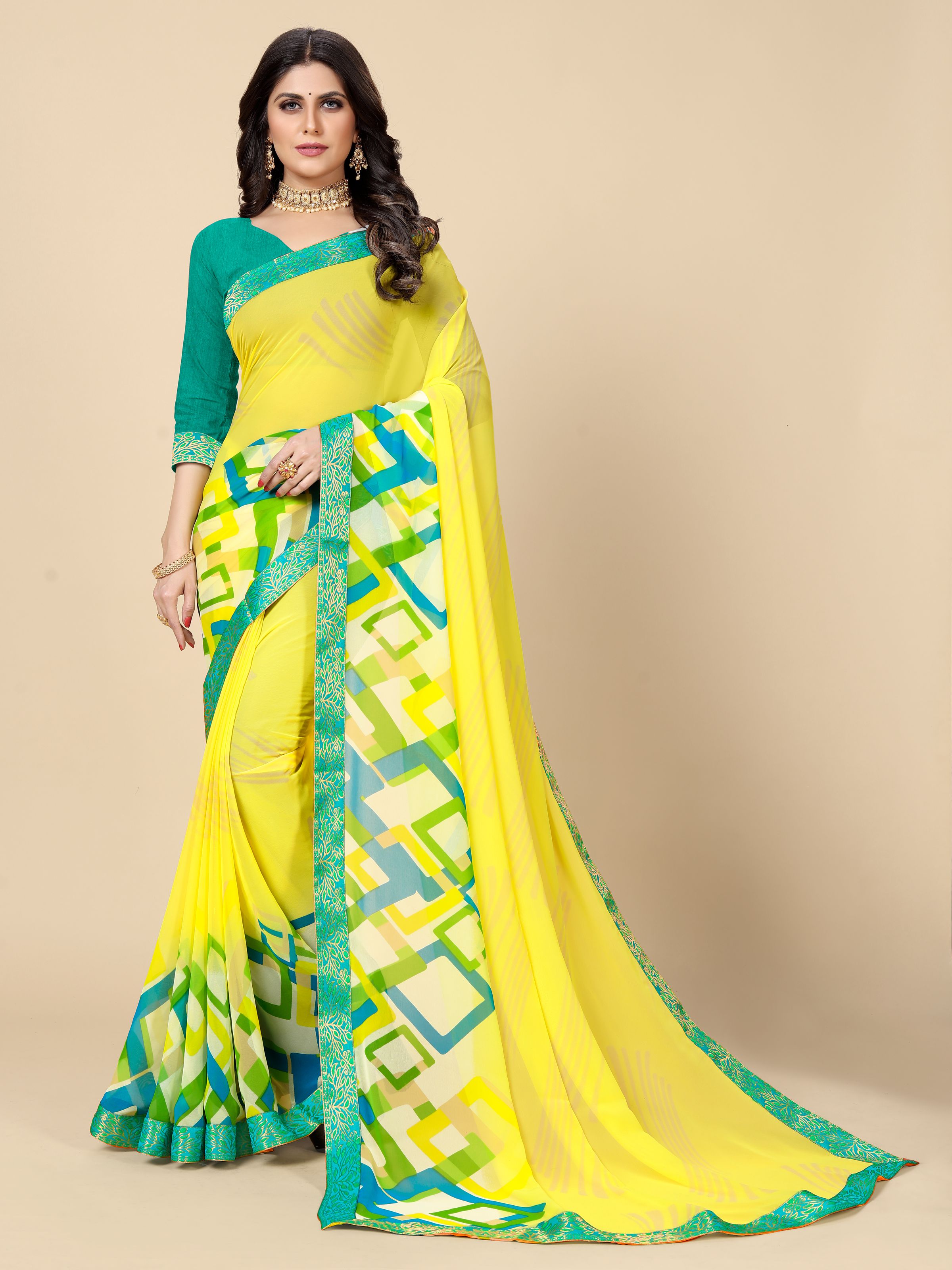 Rangita Women Abstract Printed Georgette Saree With Blouse Piece - Yellow