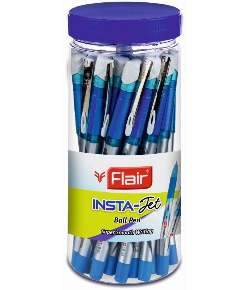     			FLAIR Insta Jet Ball Pen | Tip Size 1 mm | Smudge Free | Comfortable Grip & Lightweight | Smooth Writing & Long Lasting Pen | Ball Pen Set For Students | Blue Ink, Jar Pack of 25