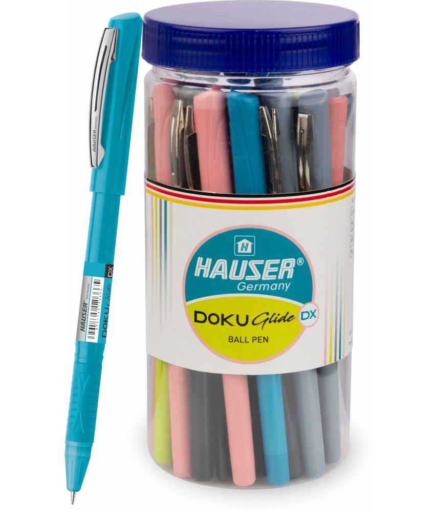     			Hauser Doku Glide Ball Pen | Tip Size 0.7 mm | Comfortable Grip With Smudge Free Writing | Sturdy Refillable Ball Pen | Blue Ink, Jar Set of 25 Ball Pens