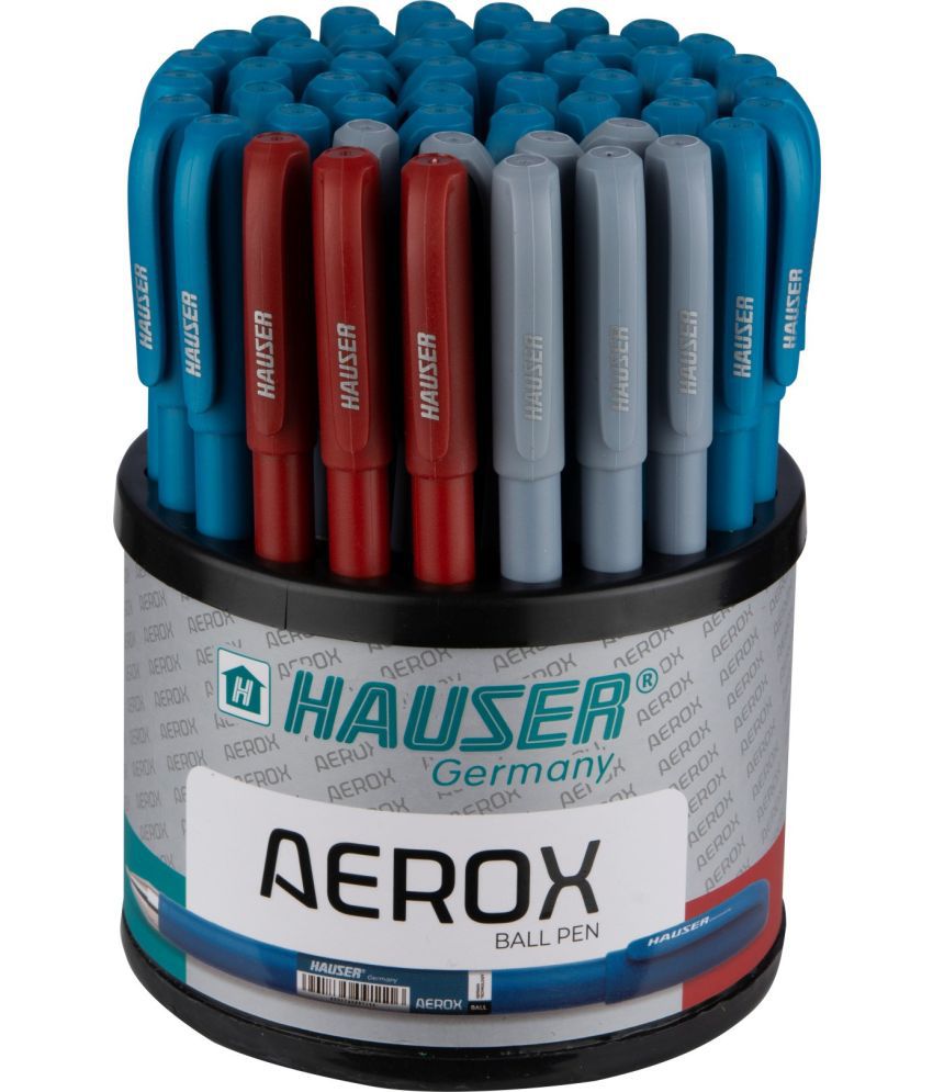     			Hauser Aerox 0.6 mm Ball Pen Stand | Light Weight Ball Pen | Comfortable Grip With Smudge Free Writing | Sturdy Refillable Ball Pen | Blue, Black & Red Ink, Set of 50 Ball Pen