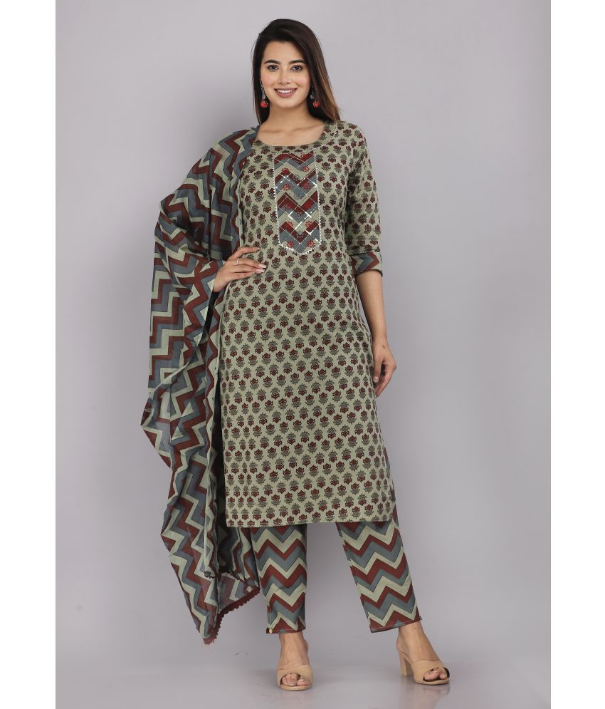     			HIGHLIGHT FASHION EXPORT - Olive Straight Cotton Women's Stitched Salwar Suit ( Pack of 1 )