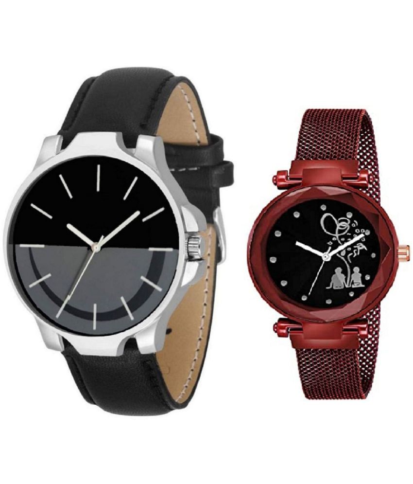     			newmen - Black Leather Analog Couple's Watch