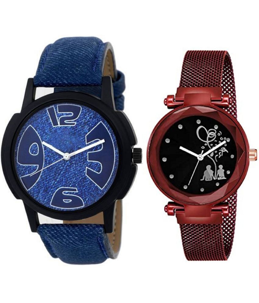     			newmen - Blue Leather Analog Couple's Watch