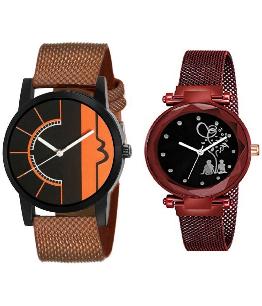     			newmen - Brown PU Analog Couple's Watch