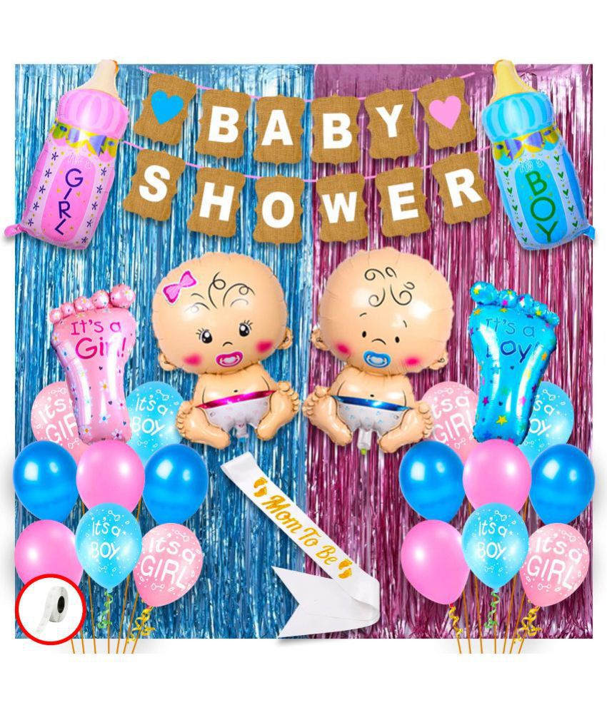     			Baby Shower Decoration Items Set - 62 Pcs Kit Baby Shower Banner, Foil Balloons, Curtains, Sash, Metallic Balloons, Glue Dot - Baby Shower Decoration Kit for Maternity Photoshoot, Decor
