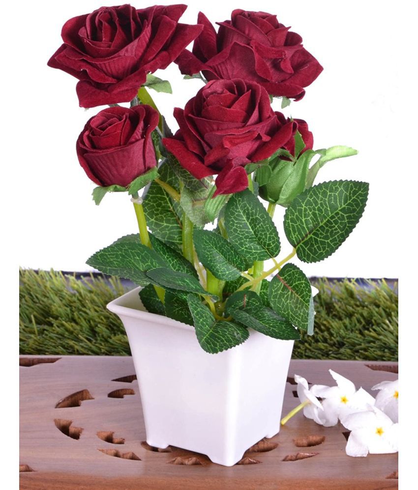 PINDIA - Red Rose Artificial Flowers With Pot ( Pack of 1 )