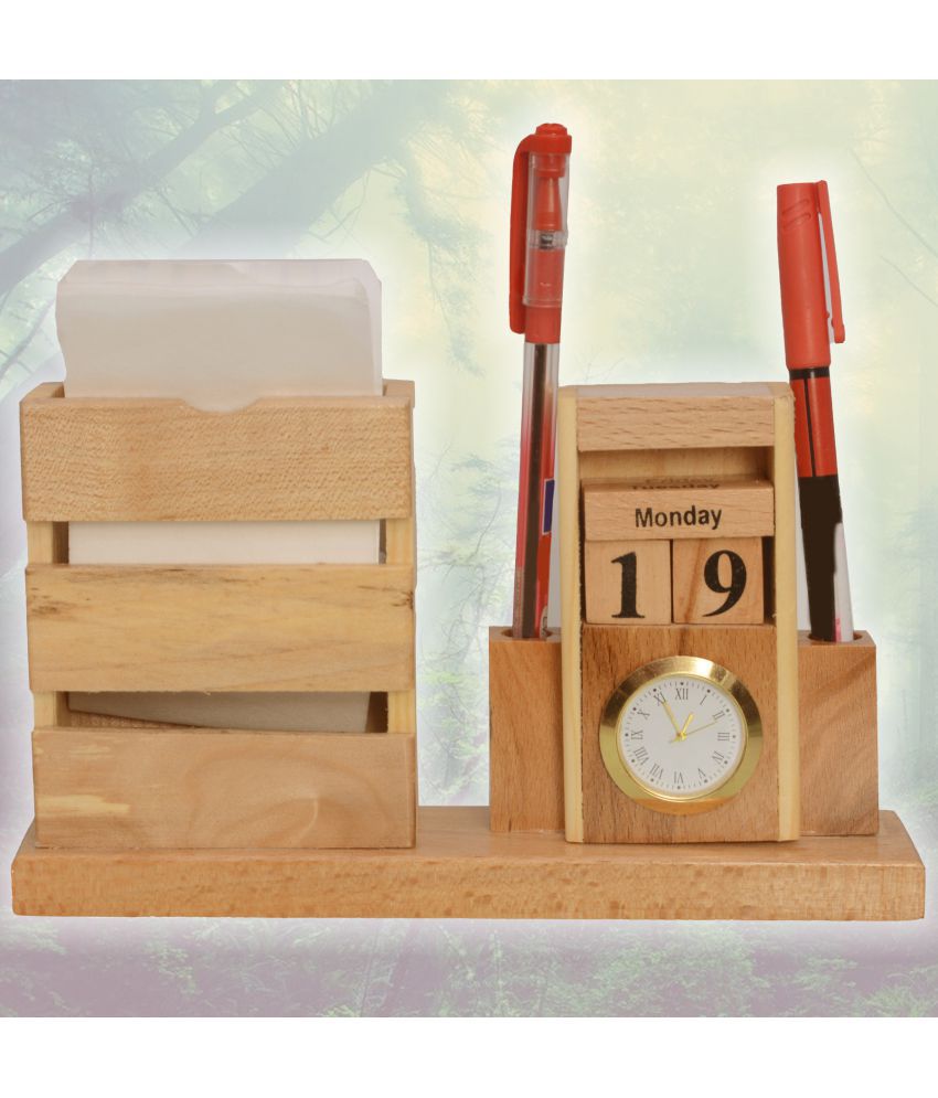     			Wooden Pen Holder Stand Office Home Dryer Table Desk Clock