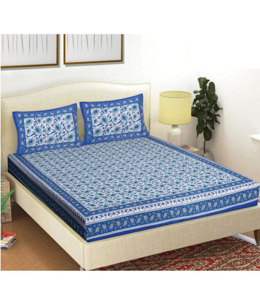     			FrionKandy Living - Blue Cotton Double Bedsheet with 2 Pillow Covers