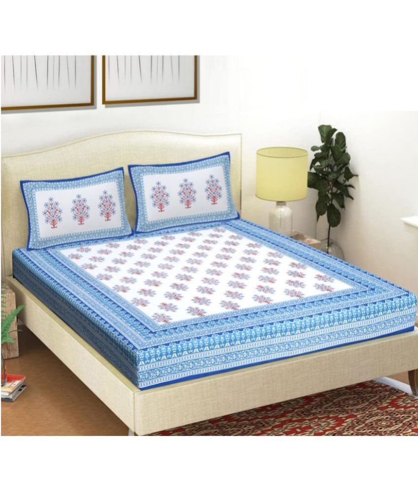     			FrionKandy Living - Blue Cotton Double Bedsheet with 2 Pillow Covers