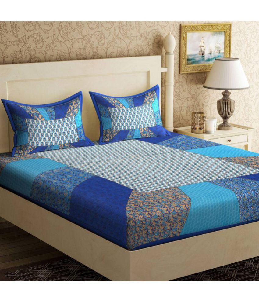     			FrionKandy Living - Blue Cotton Double Bedsheet with 2 Pillow Covers