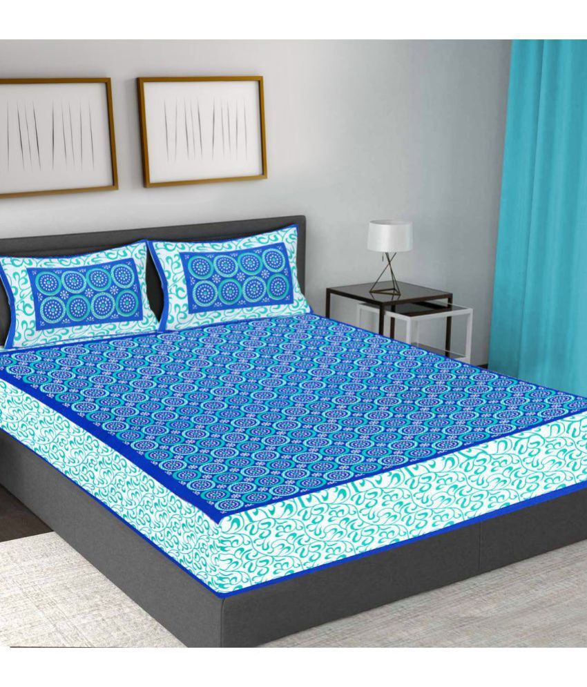     			FrionKandy Living - Blue Cotton Double Bedsheet with 2 Pillow Covers