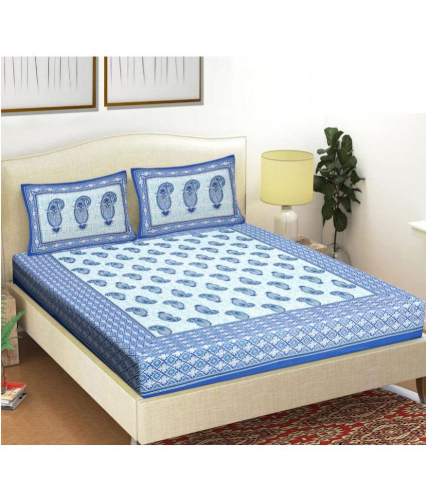     			FrionKandy Living - Blue Cotton Double Bedsheet with 2 Pillow Covers