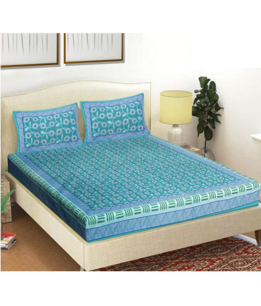     			FrionKandy Living - Turquoise Cotton Double Bedsheet with 2 Pillow Covers