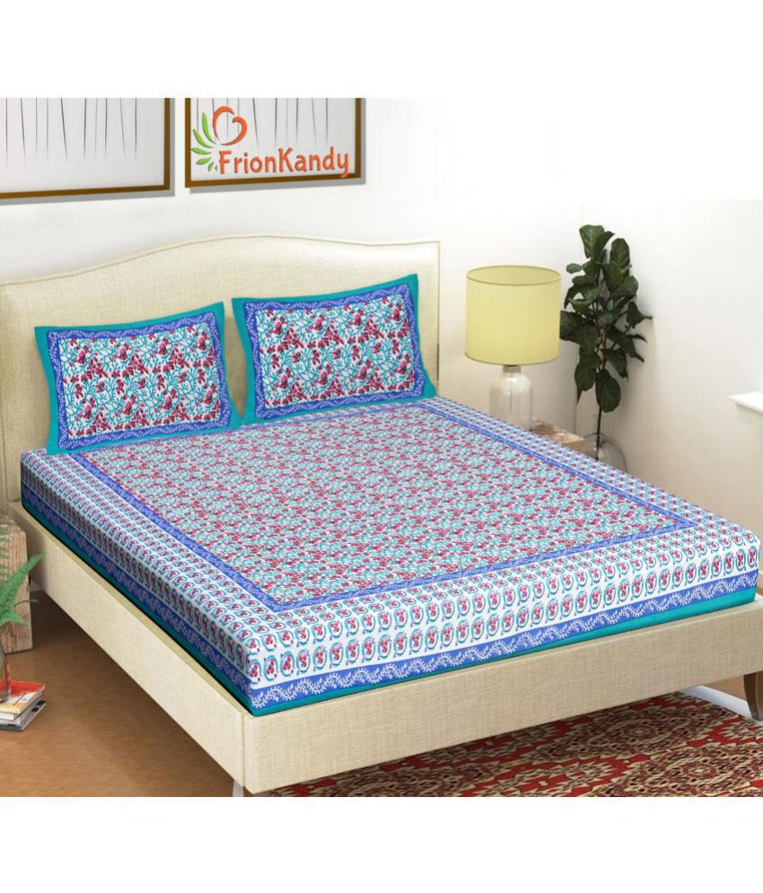     			FrionKandy Living - Turquoise Cotton Double Bedsheet with 2 Pillow Covers