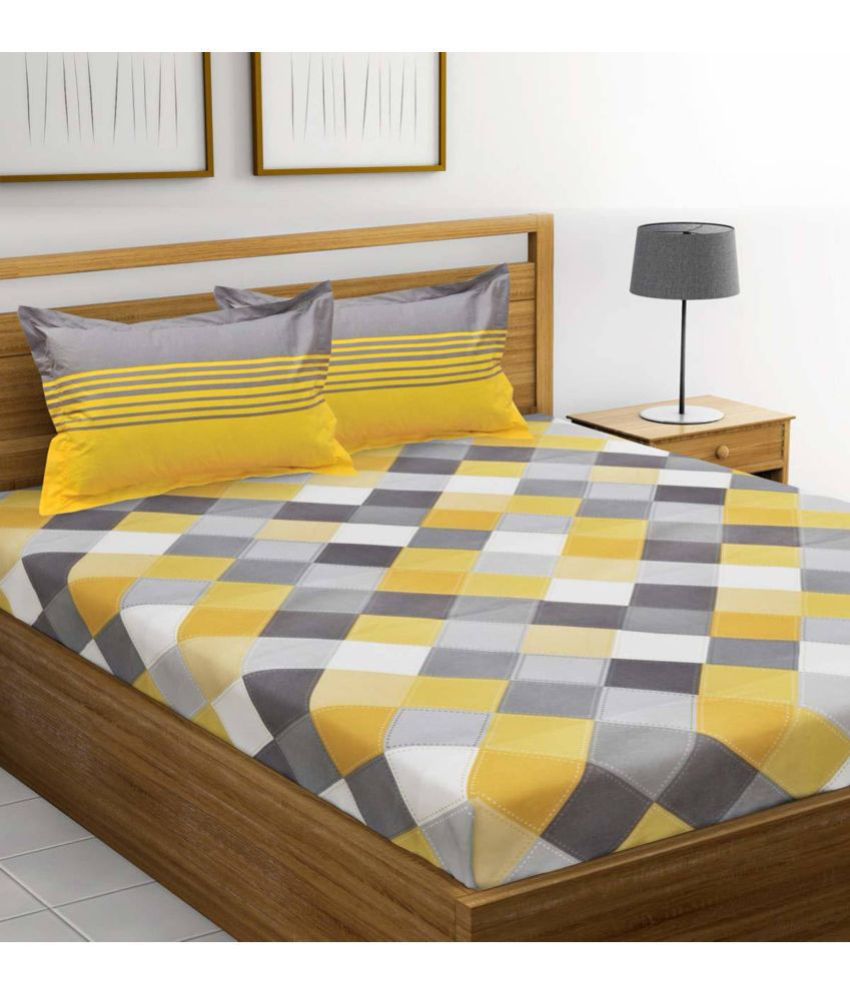 FrionKandy Living - Yellow Cotton Double Bedsheet with 2 Pillow Covers