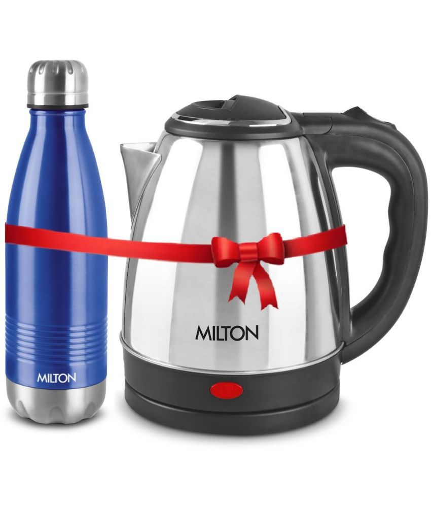    			Milton Combo Set Go Electro Stainless Steel Kettle, 1.2 Litres, Silver and Duo Dlx 1000 Thermosteel Hot and Cold Bottle, 1000 ml, Blue | Office | Home | Kitchen | Travel Water Bottle