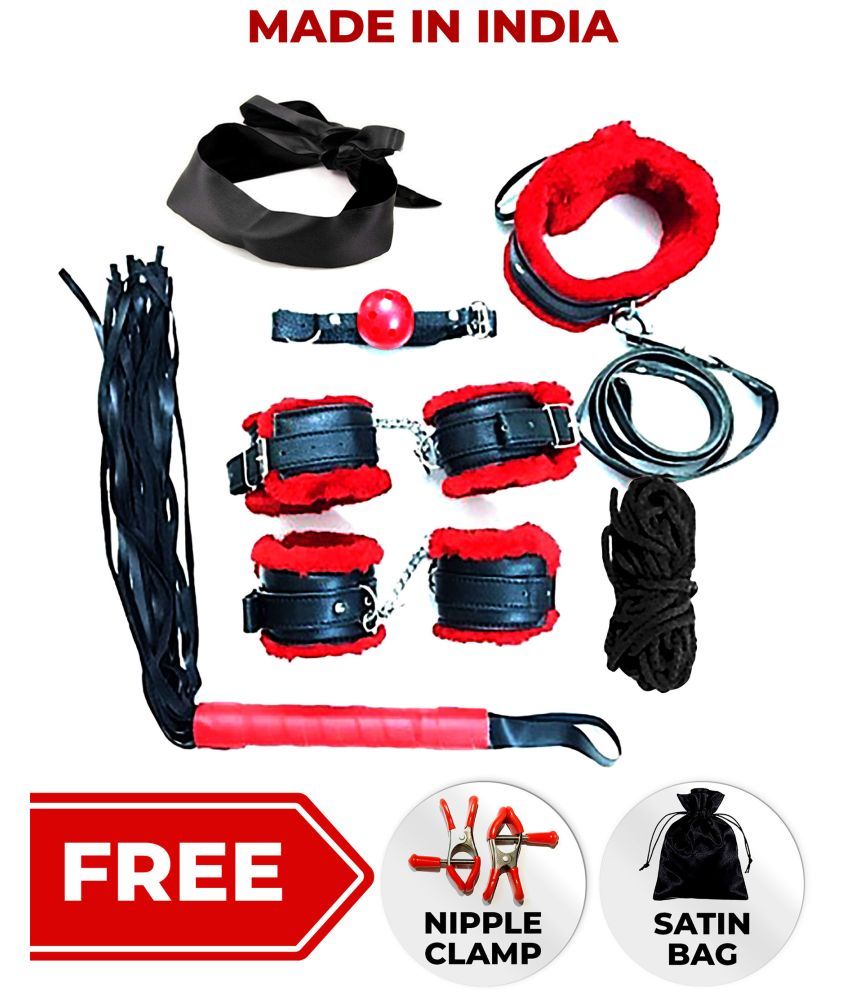     			Kamuk Life Black Red Leather BDSM Bondage sex toy Kit for Adult xy fun Adult vibrator giftinparty fun, honeymoon couples, SM Domination, seg includes Handcuffs nipple clamps flogger blindfold mouth gag ankle cuff neck collar and rope total-7 pcs