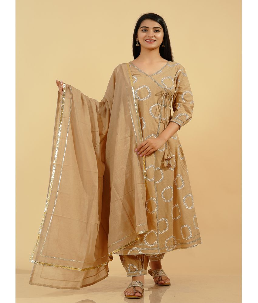     			KIPEK - Beige Anarkali Cotton Women's Stitched Salwar Suit ( Pack of 1 )