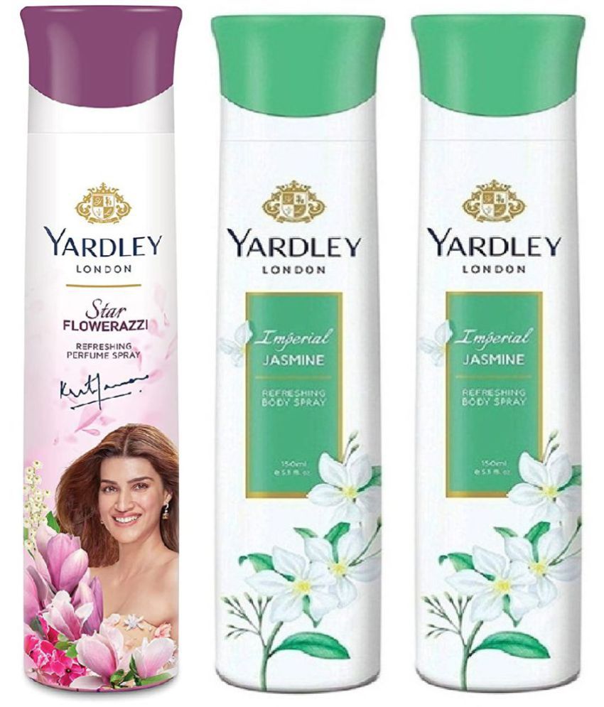     			Yardley London - 1 FLAWERAZZI & 2 JASMINE150ML EACH , Deodorant Spray for Women 450 ml ( Pack of 3 )