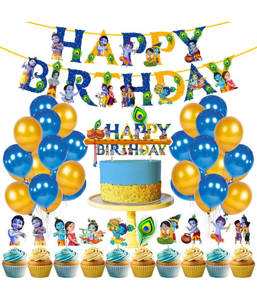     			Zyozi 37 pcs Little Krishna Theme Party Decorations, Birthday Party Supplies Includes Happy Birthday Banner, CakeTopper, Cupcake Toppers, Balloons for Kids Birthday Party Supplies