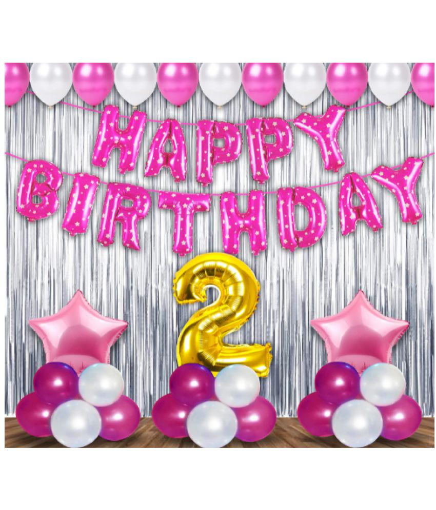     			Jolly Party  2nd Birthday Decoration Items For Girls -58 pcs Pink Birthday Decoration With Silver Foil Curtain - 2nd Birthday Party Decorations,Birthday Decorations kit