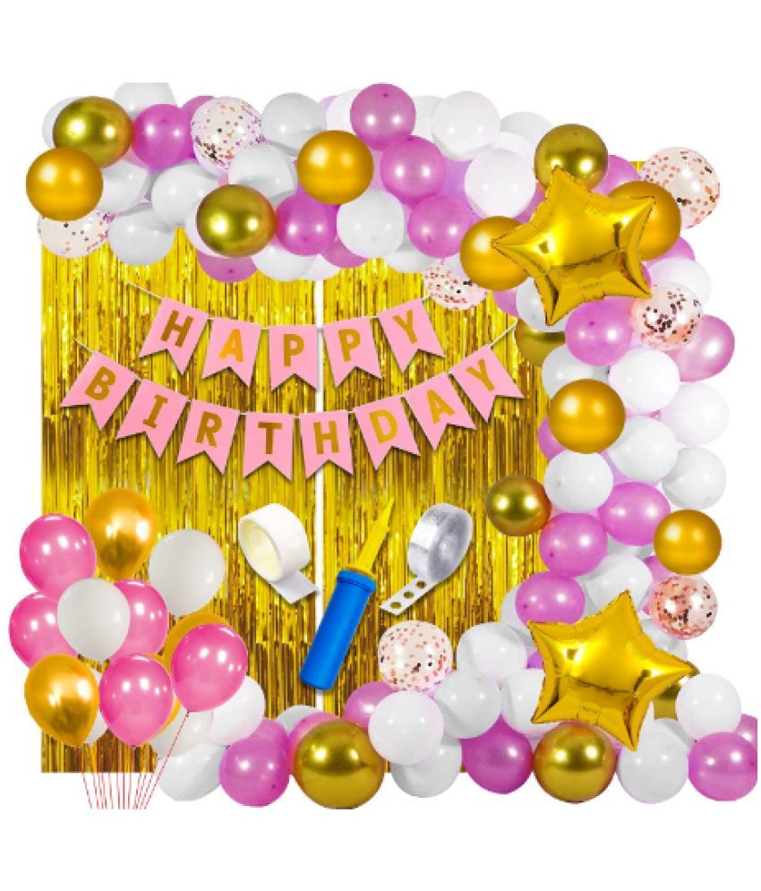     			Jolly Party  Pink & White  Happy Birthday Balloons Decorations Set - 63Pcs