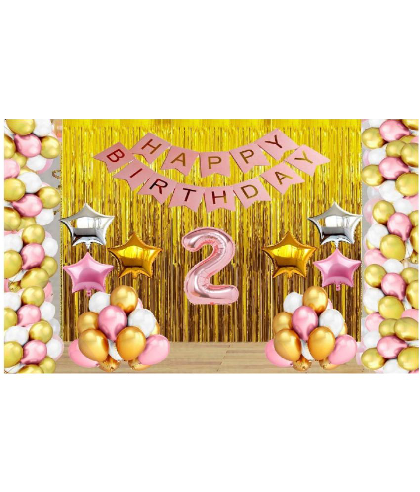    			Jolly Party  Rose Gold Balloons with Happy Birthday Decoration Items /Happy Birthday Pink Banner Set of 13 Letters ,30 HD Metallic Pink , Gold & White Balloons ,2 Gold , 2 Silver & 2 Rose Gold star Foil Balloons