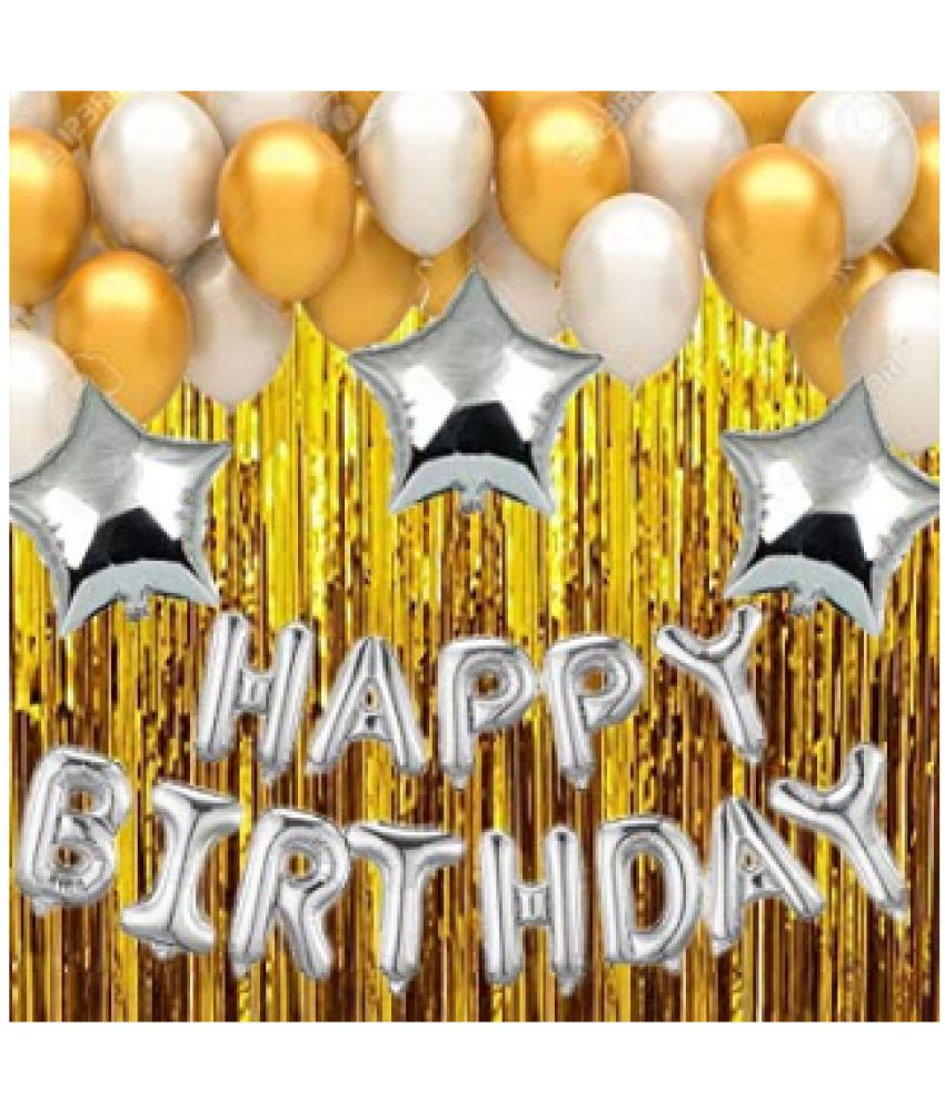     			Jolly Party   golden silver Happy Birthday Decoration Combo Kit with Banner, Balloons, Foil Curtain 48pcs for Birthday Decoration